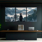 Chinese warrior wall poster triptych featuring misty mountains and ancient temples by Dripster